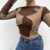 Retro Brown Long Sleeve Patchwork Top