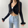 Ribbed Front Lace Up Feather Long Sleeve Top